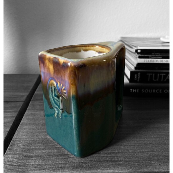 Signed Vintage‎ Mexican Pottery Padilla Kokopelli Flat Mug Drip Glaze Green Blue - Picture 14 of 16